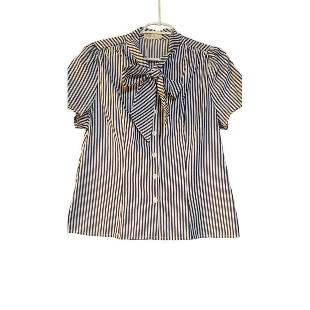 Belle Poque Retro Summer Short Sleeve Button Down Stripe Front Tie Blouse Size L